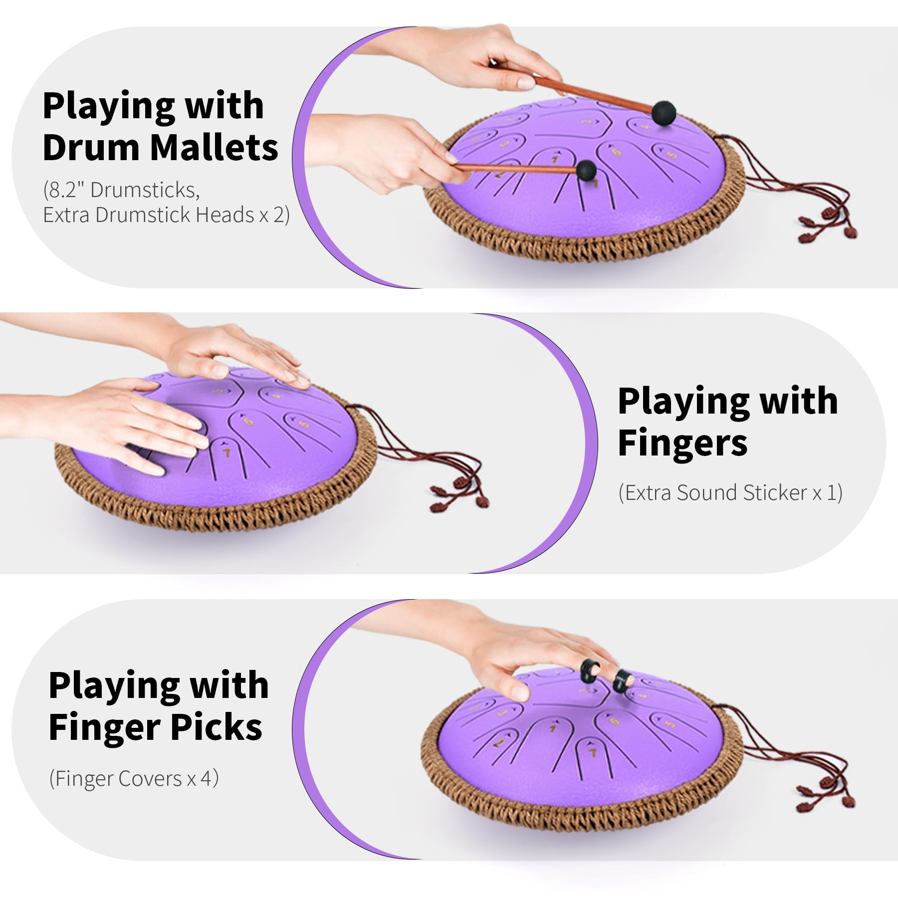 Tambour à langue en acier de 33 cm, 15 notes, do majeur 440 Hz pour adultes, enfants et débutants, cadeau de méditation, avec livre de musique, maillets et sac de transport (violet)