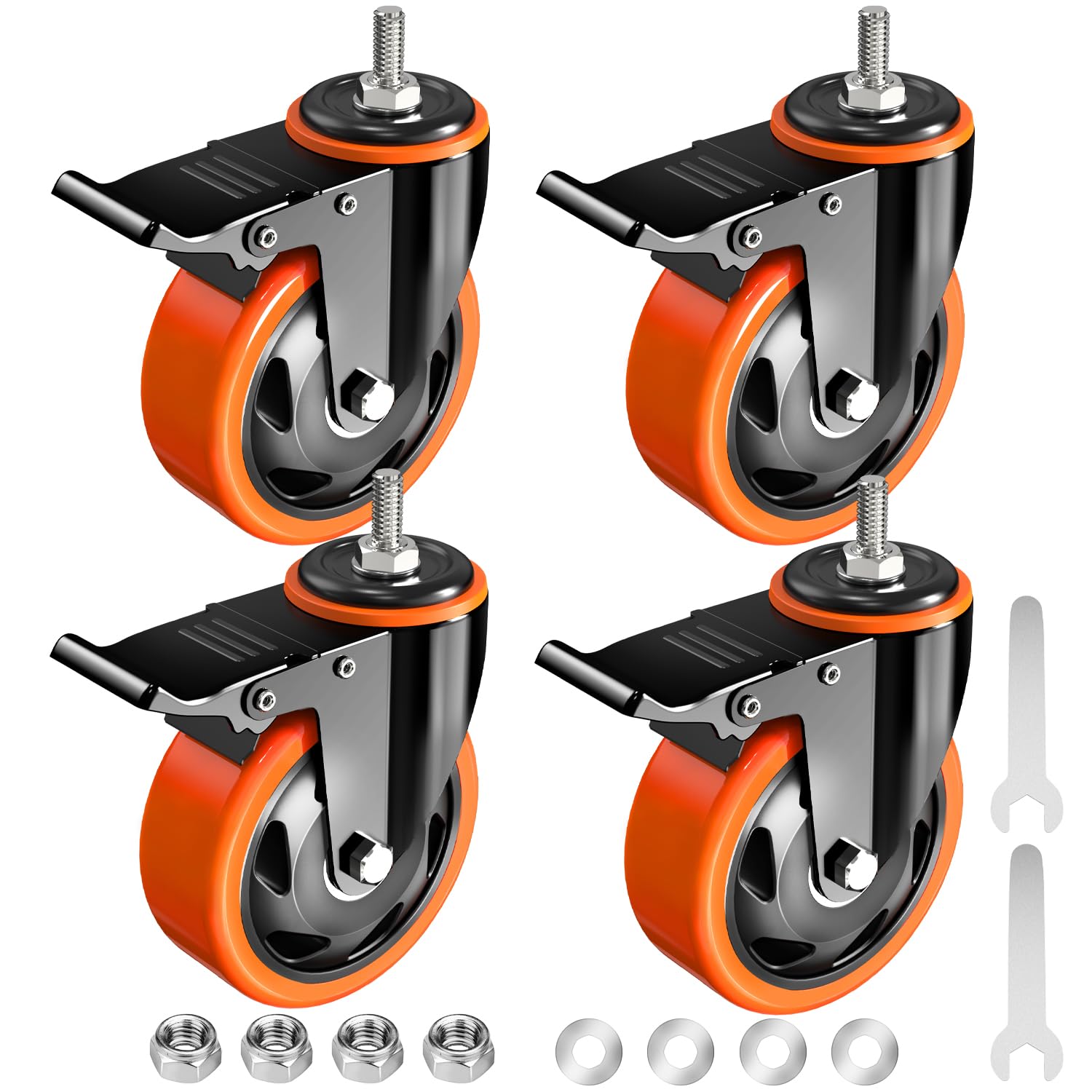 Kółka jezdne, wytrzymałe, 3-calowe, trzpień 1/2"-13 x 1 (średnica trzpienia 1/2", długość trzpienia 1"), zestaw 4 kółek z blokadą bezpieczeństwa, przemysłowe kółka jezdne do wózków i mebli