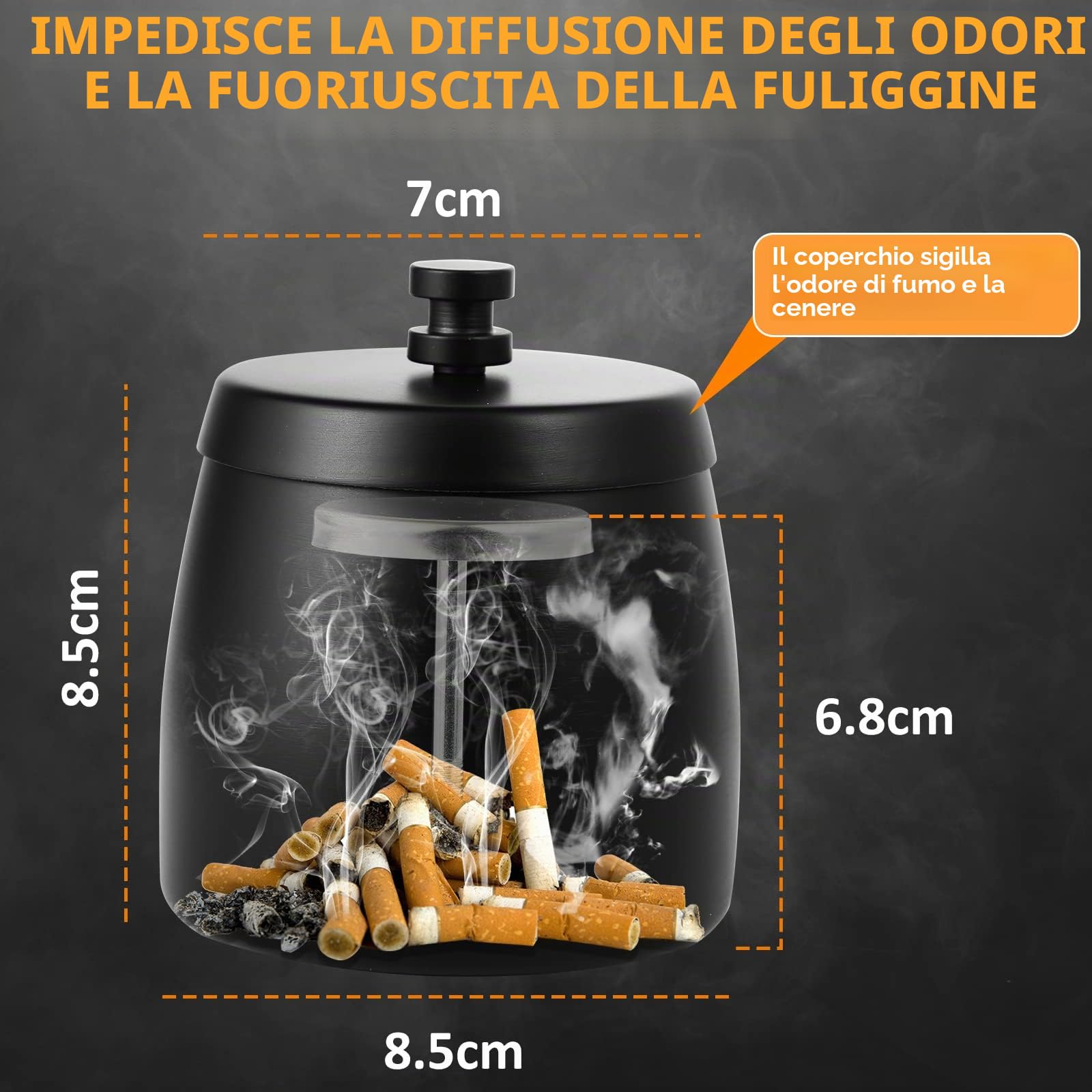 Posacenere Esterno Acciaio Inox Antivento con Coperchio, Metallo Ashtray da Tavolo per Balcone Casa Giardino Bar Ristoranti Hotel - Nero