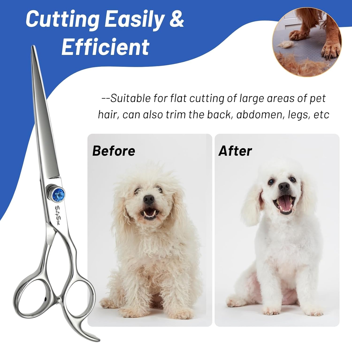 7in Straight Dog Grooming Scissors Professional, Japan 440C Steel Sharp, Premium Pet Grooming Shears, Light Weight Dog Trimming Scissors with Offset Handle, for Rabbits Cats Face Paw Ear Hair Cutting