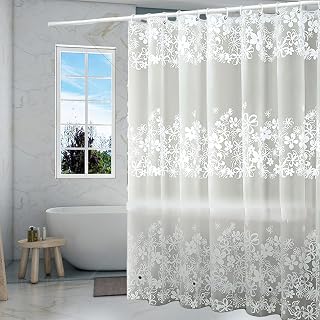 TIKABC 4G PEVA Shower Curtain Liner 72x72 Inch White Flower, Waterproof with 3 Bottom Magnets & Rust-Proof Grommets