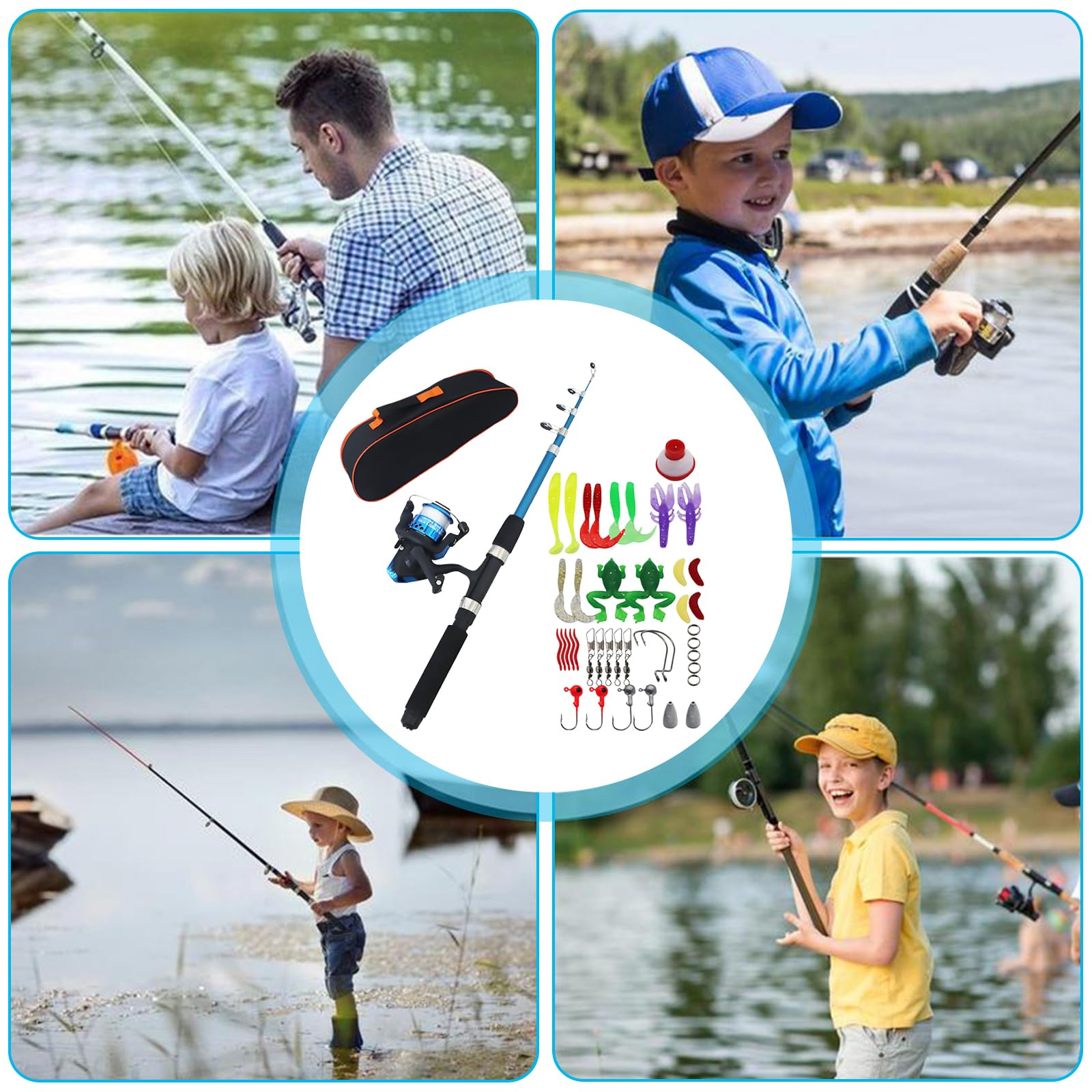 Ensemble De Pêche, Canne À Pêche Télescopique avec Moulinet, Leurres Et Sac De Transport, 1.5m Télescopique Ensemble De Canne À Pêche, Portable Combo Télescopique Canne Et Moulinet pour Débutants