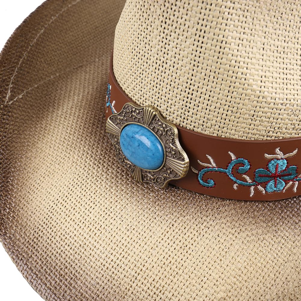 LIDHAY Men & Women's Woven Straw Cowboy Cowgirl Hat New Western Style Classic Cowboy Straw Hat Wide Brim Sun Hat