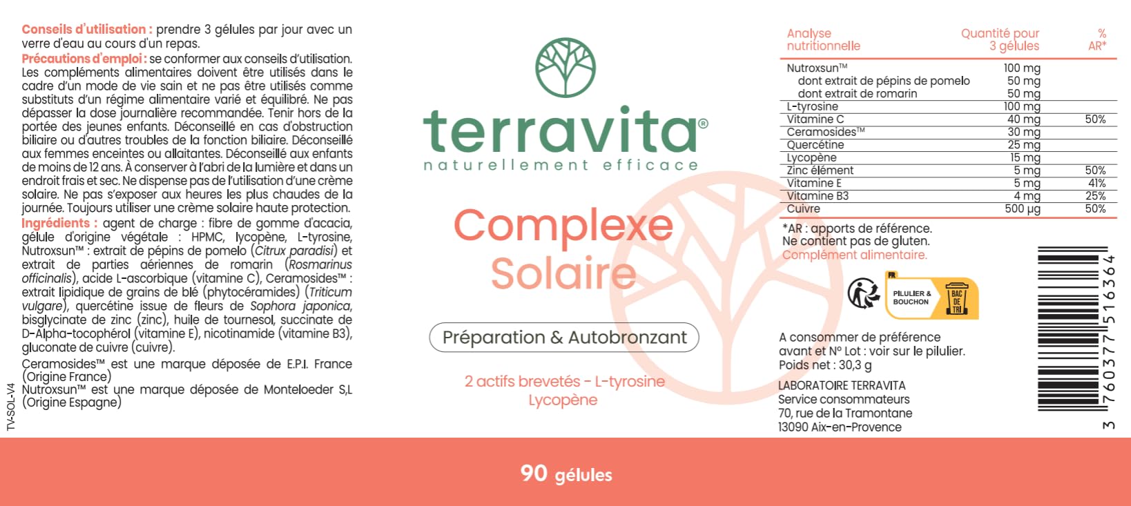 COMPLEXE SOLAIRE 4 en 1 | Nutroxun® + Céramosides® + Lycopène + Zinc Bisglycinate | Teint Hâlé et Naturel | Formule Autobronzante sans Bêta-carotène | 90 Gélules Vegan | Fabriqué en France | Terravita