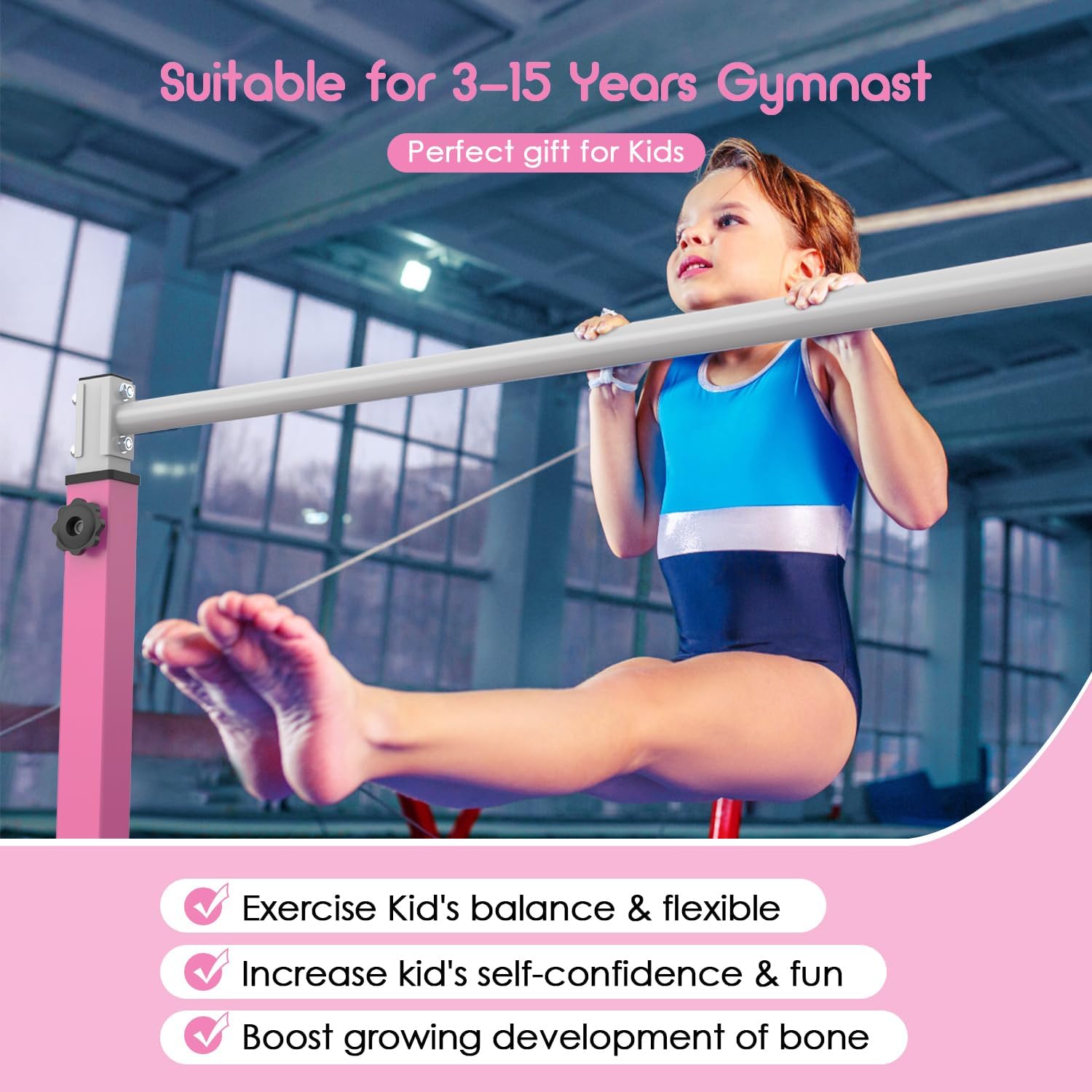 Safly Fun Barra de gimnasia para niños de 3 a 15 años, gimnasio en casa de acero resistente, altura ajustable (3 a 5 pies) con base antideslizante, fácil montaje