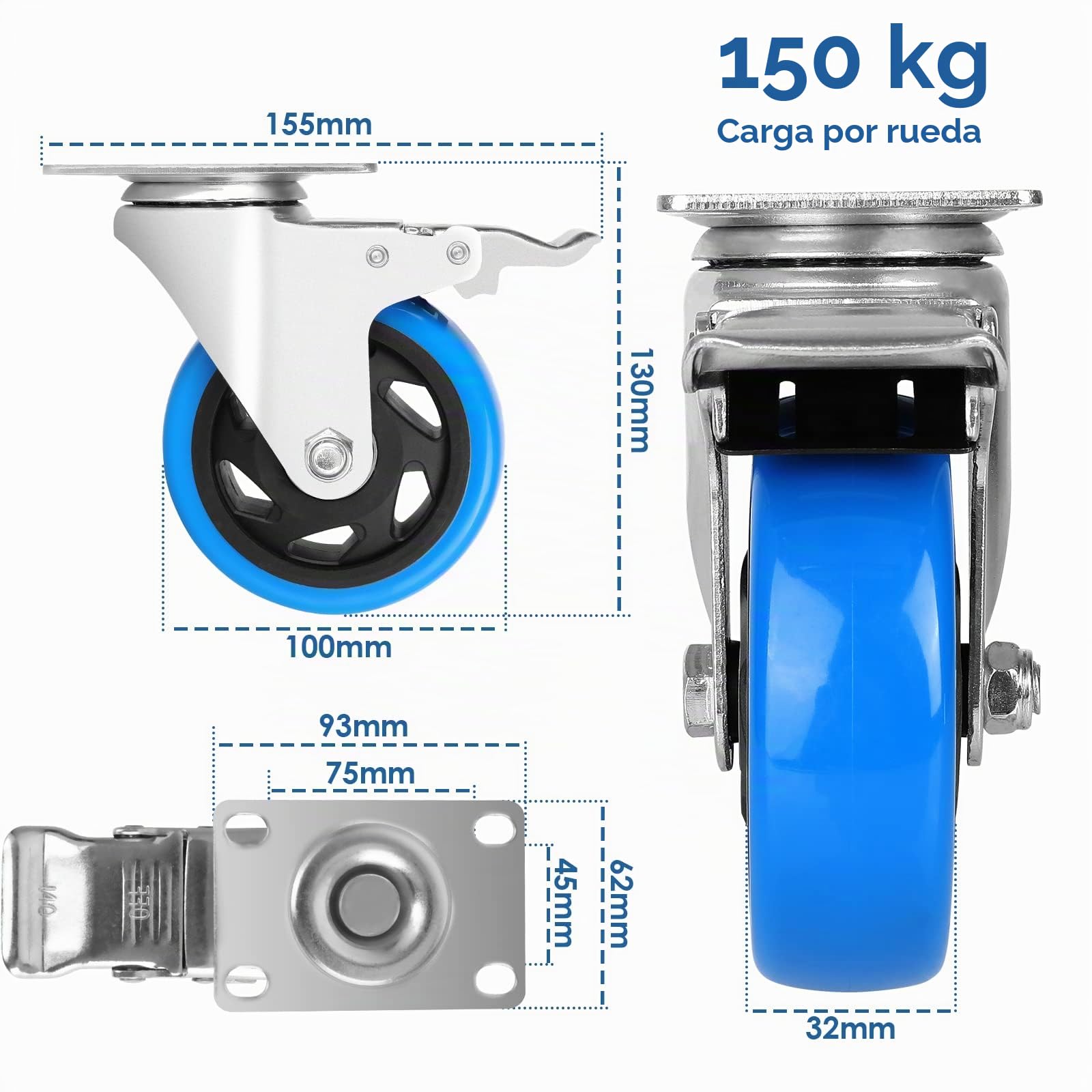 Set de 4 Ruedas Giratorias con Freno – Ruedas para Cargas Pesadas, Capacidad 640 kg, Silenciosas y Sin Rayar, Ideales para Muebles, Mesas de Trabajo y Talleres (Azul, 100 mm) | Deslizamiento silencioso, revestimiento antiarañazos seguro en parquet y azule