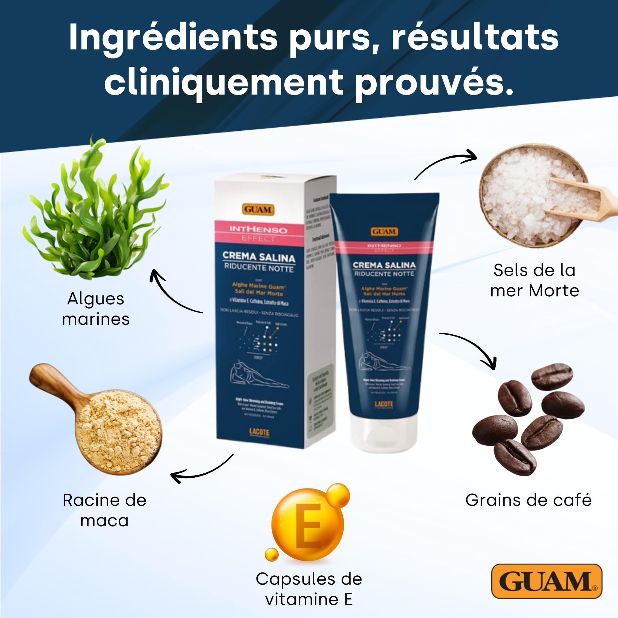 GUAM Crème Anti-Cellulite aux Algues pour Femmes avec Vitamine E, Caféine et Extrait de Maca - 200ml Traitement Salin Réducteur Nuit Intensif - Crème Raffermissante, Amincissante et Drainante Corps