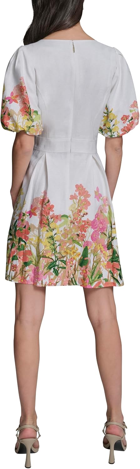 Karl Lagerfeld Women's Short Sleeve V-Neck Linen Fit & Flare Flower Button Dress