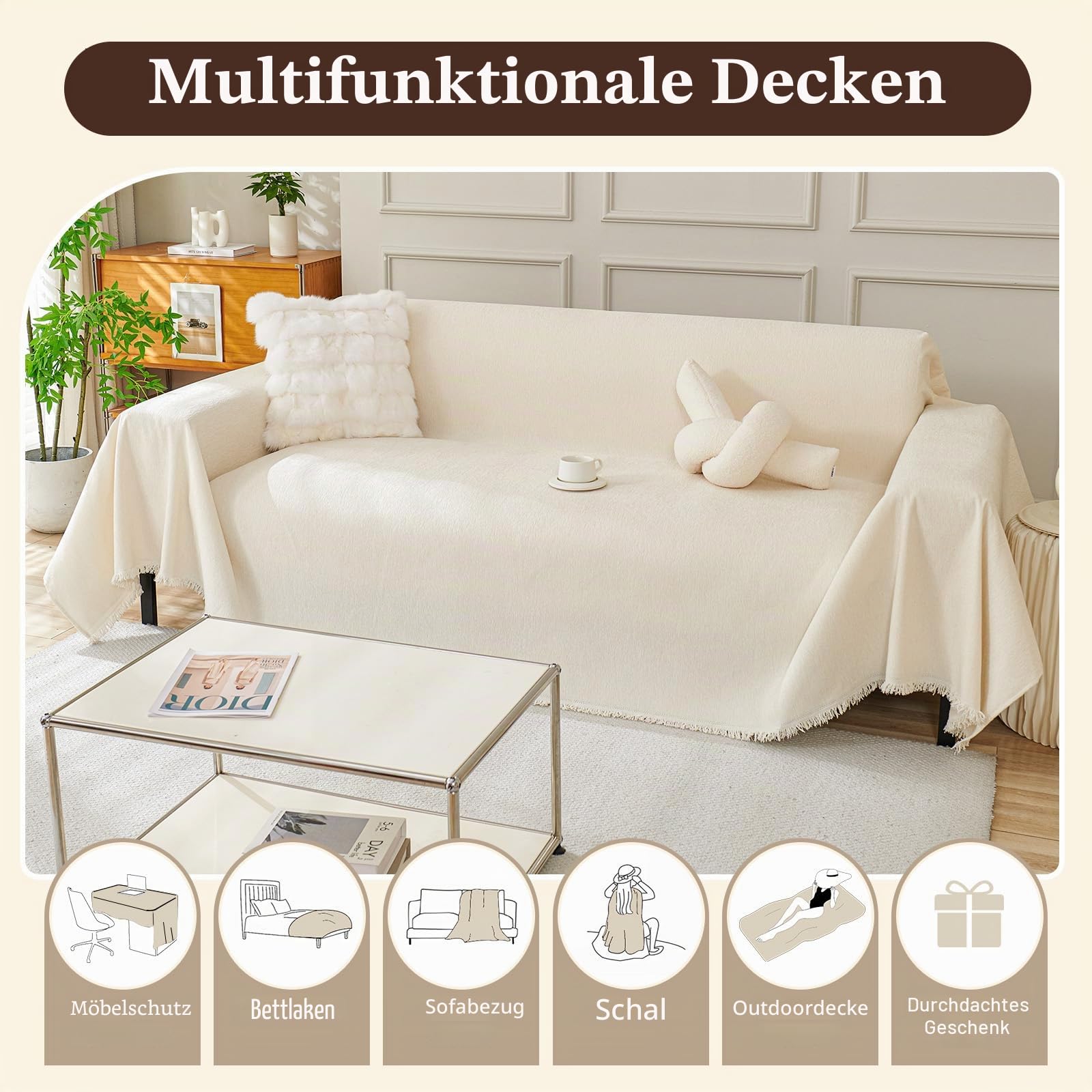 Sofa Überwurfdecke für 4 Sitzer, L-förmige Ecksofas, Einfarbige Chenille Kratzfest Sofaüberzug, Waschbar Sofaüberwurf, haustierfreundlich Couchüberzug mit Quasten F Beige 180x380cm