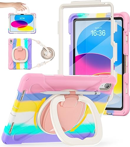 BATYUE Case for iPad (A16) 11th/10th Gen 11''/10.9'' - Heavy Duty Shockproof Cover for Kids with 360° Rotating & 180° Folding Stand, Screen Protector, Shoulder Strap & Pencil Holder | Colorful Pink