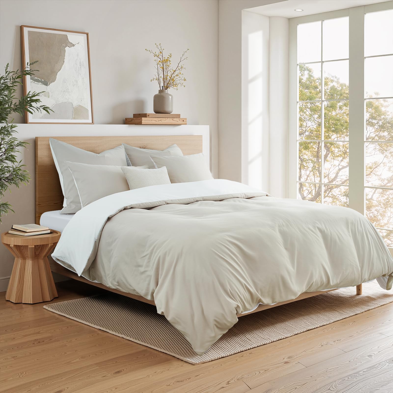 Funda Nórdica Cama 90 Beige/Blanco,Súper Suave Diseño Doble Cara A/B con Cremallera, Certificación Oeko-Tex 1 Funda de Edredón 135x200 + 2 Fundas de Almohada 80x80 cm