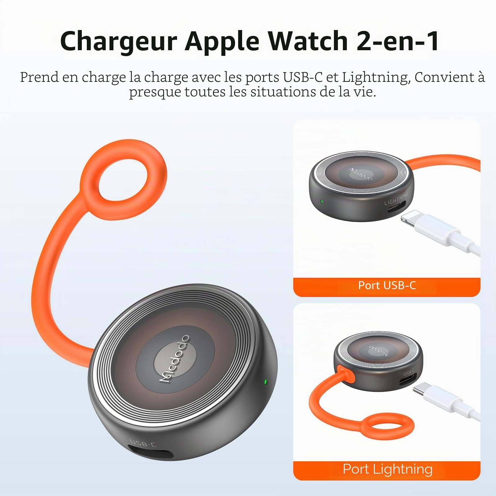 Chargeur Apple Watch sans Fil Double Port (USB-C/Lightning) - Chargeur Magnétique Portable pour iWatch Série 10/9/8/7/6/5/4/3/2/1/SE/Ultra - Compatible avec Toutes Montres Apple Watch