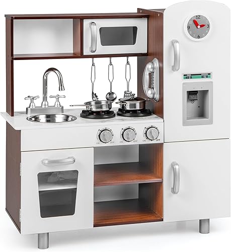 Miniatura 9 de Costzon Juego de cocina para niños, cocina de simulación para niños pequeños con utensilios, horno, gabinetes, grifo, fregadero, teléfono y
