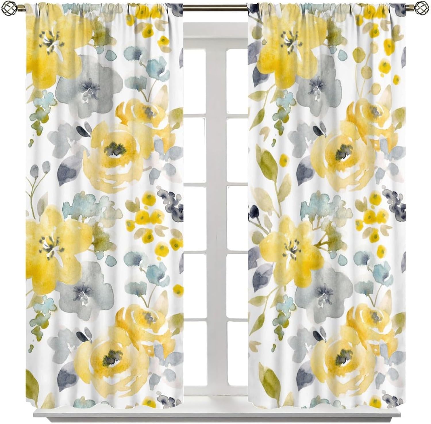 Summer Flower Curtains, Watercolor Bright Yellow Blue Flowers Abstract Botanical Print Window Treatments for Living Room Kitchen Bedroom Cafe, 42x54 Inch (No Blackout)
