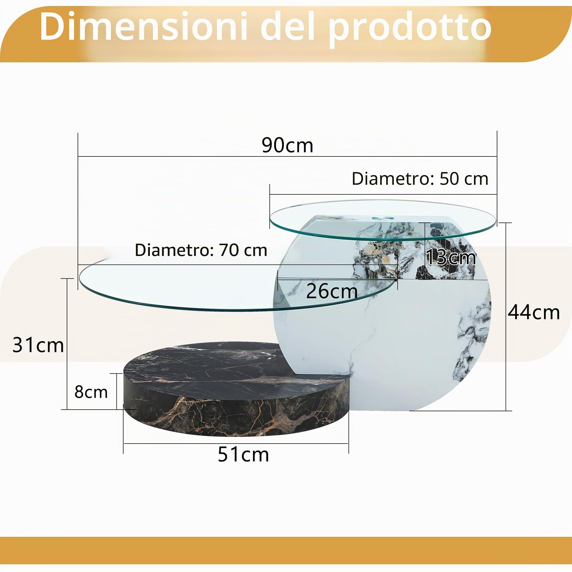 Bladez Tavolino 2 ripiani in vetro di sicurezza, tavolino da soggiorno in vetro di sicurezza e MDF con lamina effetto marmo bianco e nero, tavolino rotondo da divano,90 x 70 x 44 cm