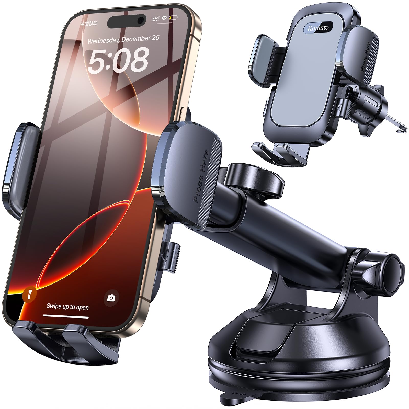 Romuto Phone Holders for Your Car Phone Holder Mount【2026 Strongest Suction】 Cell Phone Mount for Car Dash Windshield Vent Automobile Accessory Car Dashboard Sticky Pad Truck Stand for iPhone Samsung Grey