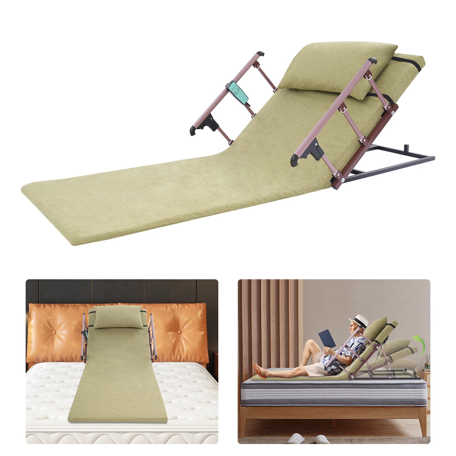 ACNAO Electric Lifting Bed Backrest for Elderly,Adjustable Back Rest for Bed Sitting, Lifting Bed Backrest with Foldable Aluminum Guardrail and Pillow, for Single Beds, Double Beds (Green)