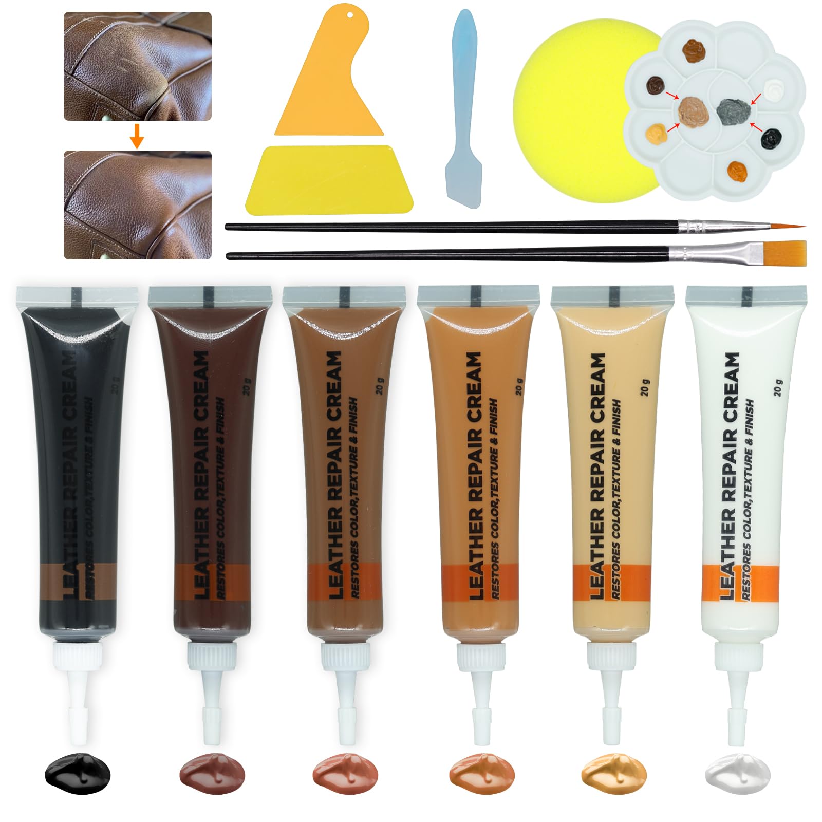 XIRUYEN Leder Reparatur Set 6 Farben, Flüssigleder Braun, Kunstleder Reparaturset, Lederfarbe Braun, für Reparatur von Kratzern, Löchern und Verfärbungen auf Leder-Autositzen, Sofas, Handtaschen