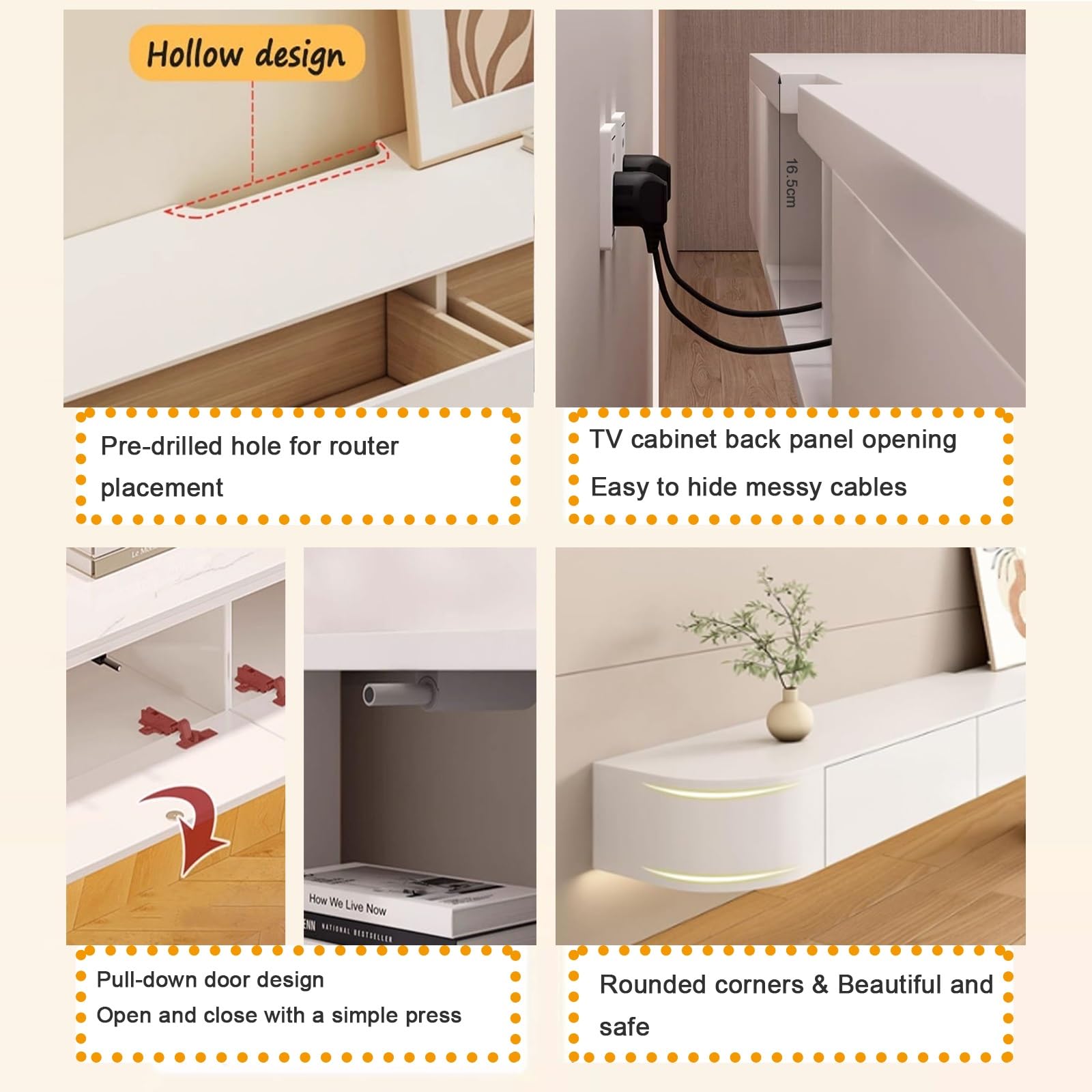 Mobile TV sospeso da parete con porta da 160 cm, ripiani per console multimediale per soggiorno e camera da letto, elegante sotto la TV, soluzione moderna per l'intrattenimento domestico