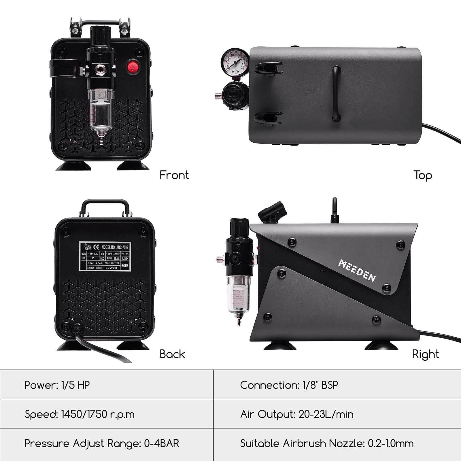 MEEDEN Compresor de aerógrafo para pintura de modelo: compresor de aire sin aceite de 1/5 HP con filtro regulador y soportes dobles para cepillo de aire, máquina de aerógrafo silenciosa con pistola de
