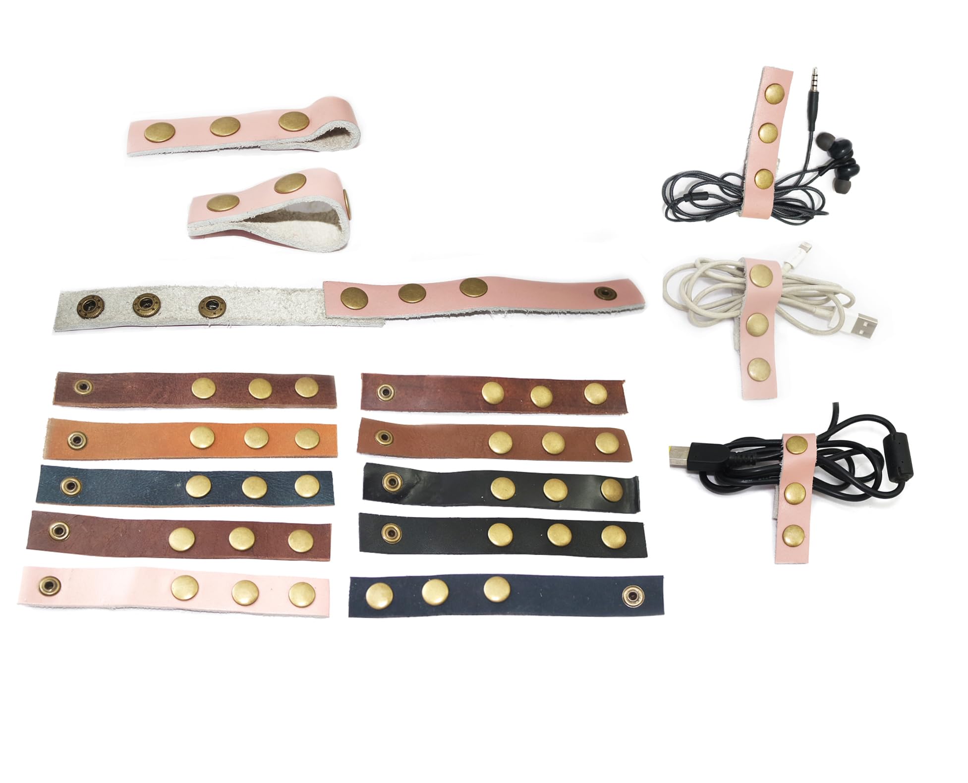 AEspares 10 Units Leather Cable Straps Portable Cable Ties Cable Organizers Cord Management For Organizing USB Cable Earphone Headphone Wires 10 Colors, 5.5 Inch