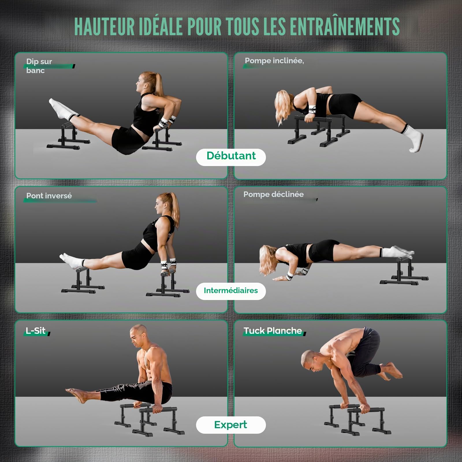 IMAYCC 2 en 1 Réglable Parallettes pour Calisthenics,Barre de Dip Parallele Musculation Antidérapantes, Push Up Bars Poignées de Pompes Fitness Parallettes pour Calisthenics Intérieur Extérieu