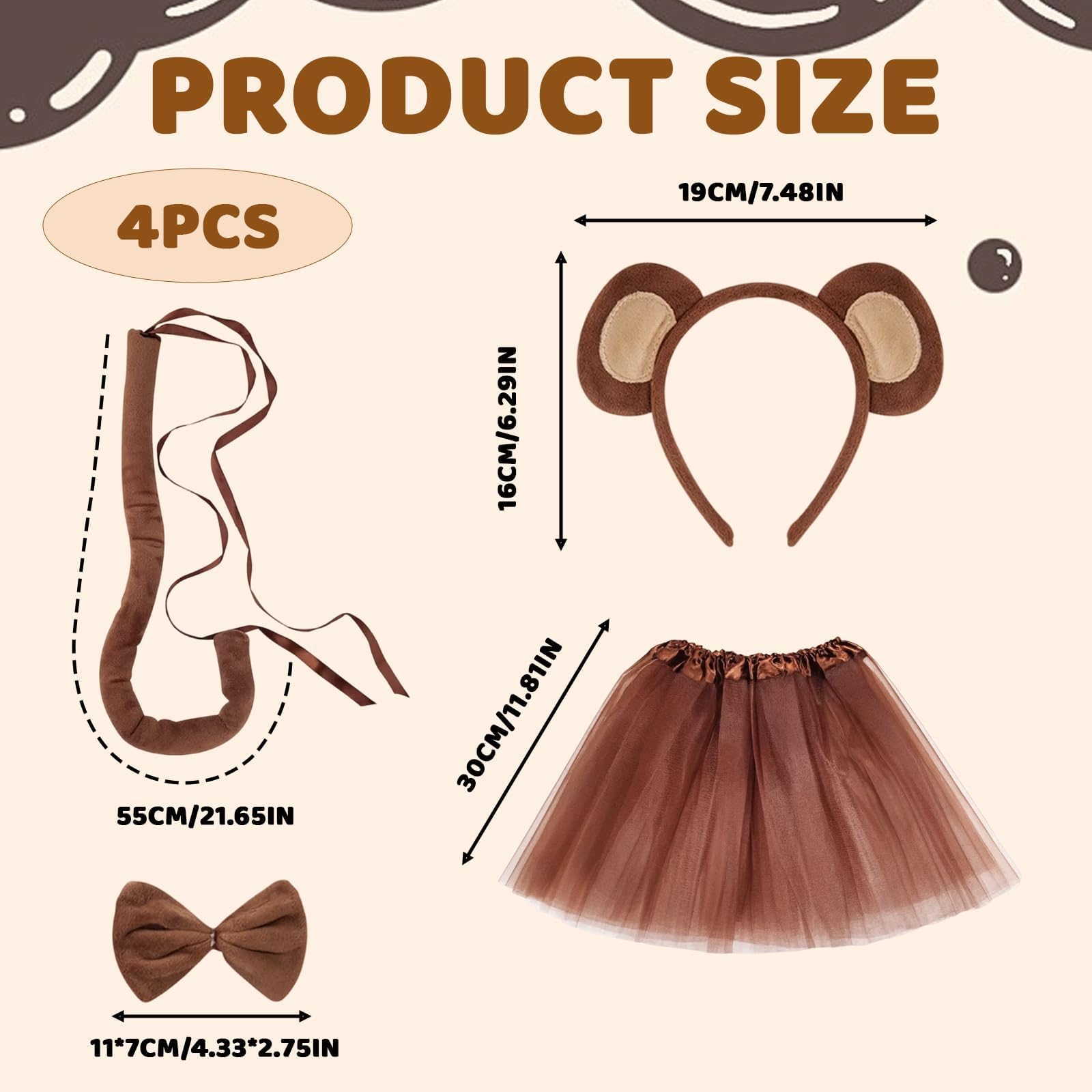 JISRKP Monkey Costume for Kids, Brown Tutu Kids, Children's Monkey Costume with Headband, Tail, Bow Tie and Skirt for 100-140cm Height - Image 2