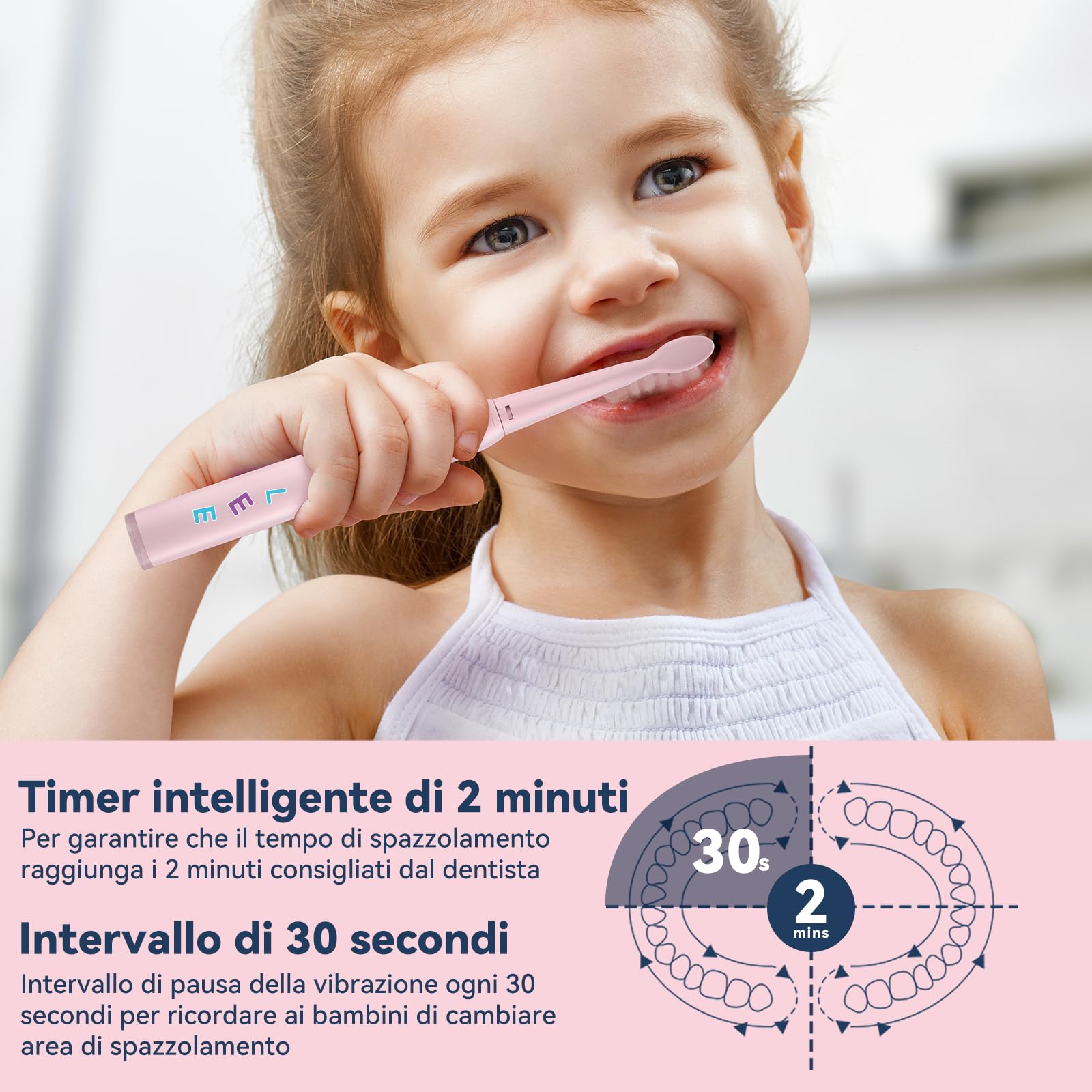 Seago Spazzolino Elettrico Bambini 6-12 Anni, Spazzolini Elettrici per Con Adesivi Fai Da Te Divertenti, Timer Da 2 Minuti, 8 Testine Spazzolino Bambini,Impermeabile IPX7 SG-2303 (Rosa)