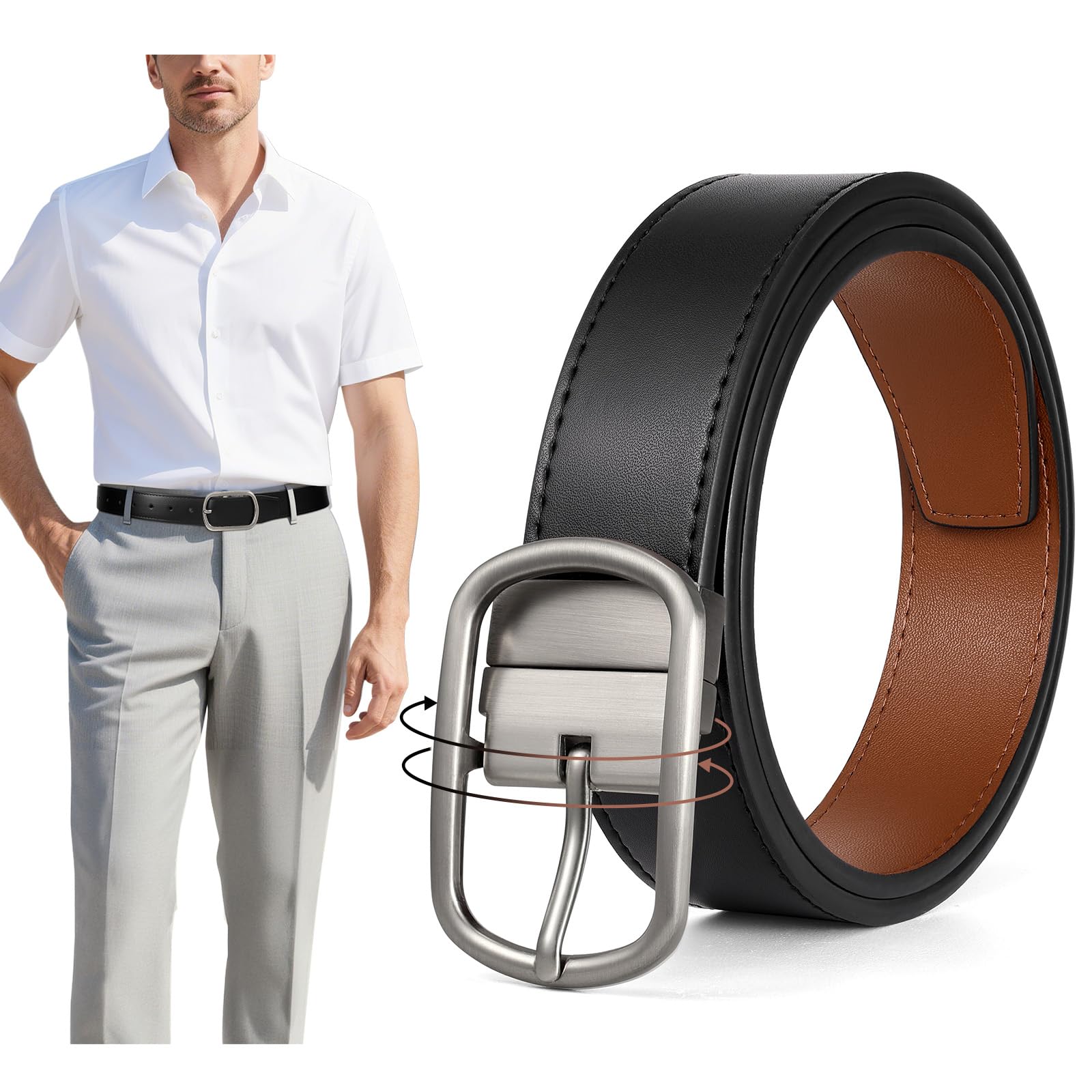 SANSTHS Reversible Leather Belts for Men-Dual Sided Casual Golf Dress Leather Belt-2 Sides in 1 Belt