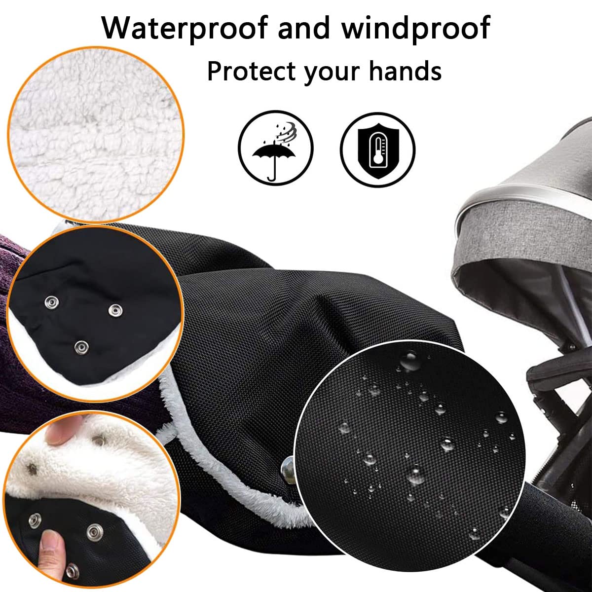 Gant Poussette Protège-Mains, Doux Chaud Coupe-Vent et Imperméable Gant, Antigel Gants, Manchon avec Intérieur en Polaire, pour La Plupart des Poussette Landau, Noir