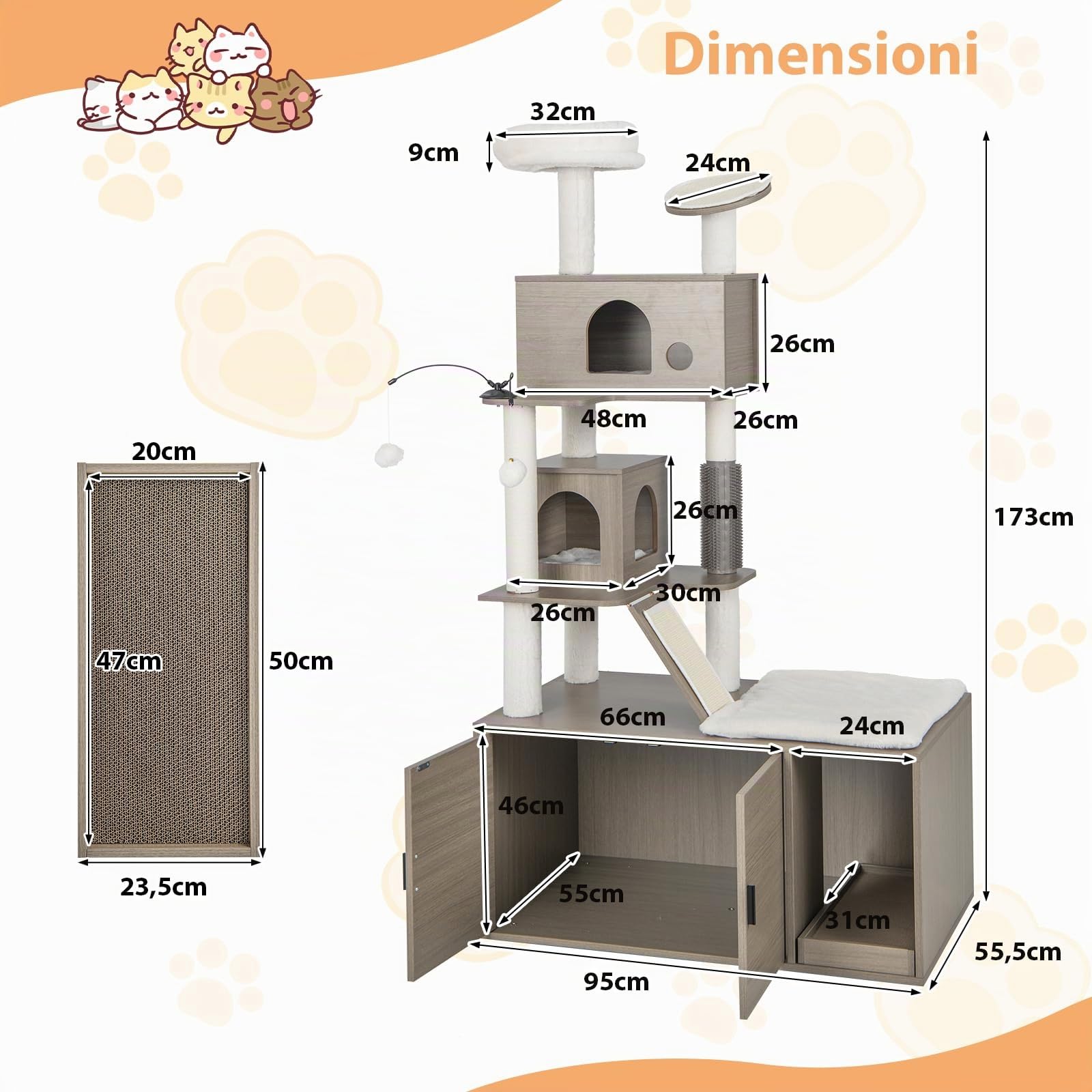 GYMAX Albero Tiragraffi per Gatti con Mobile Nascondi Lettiera, Torre per Gatti Tutto-in-uno con 2 Casette, Tiragraffi, Tappeti di Sisal, Palline, Spazzola, Mobile in Legno per Gatti Domestici