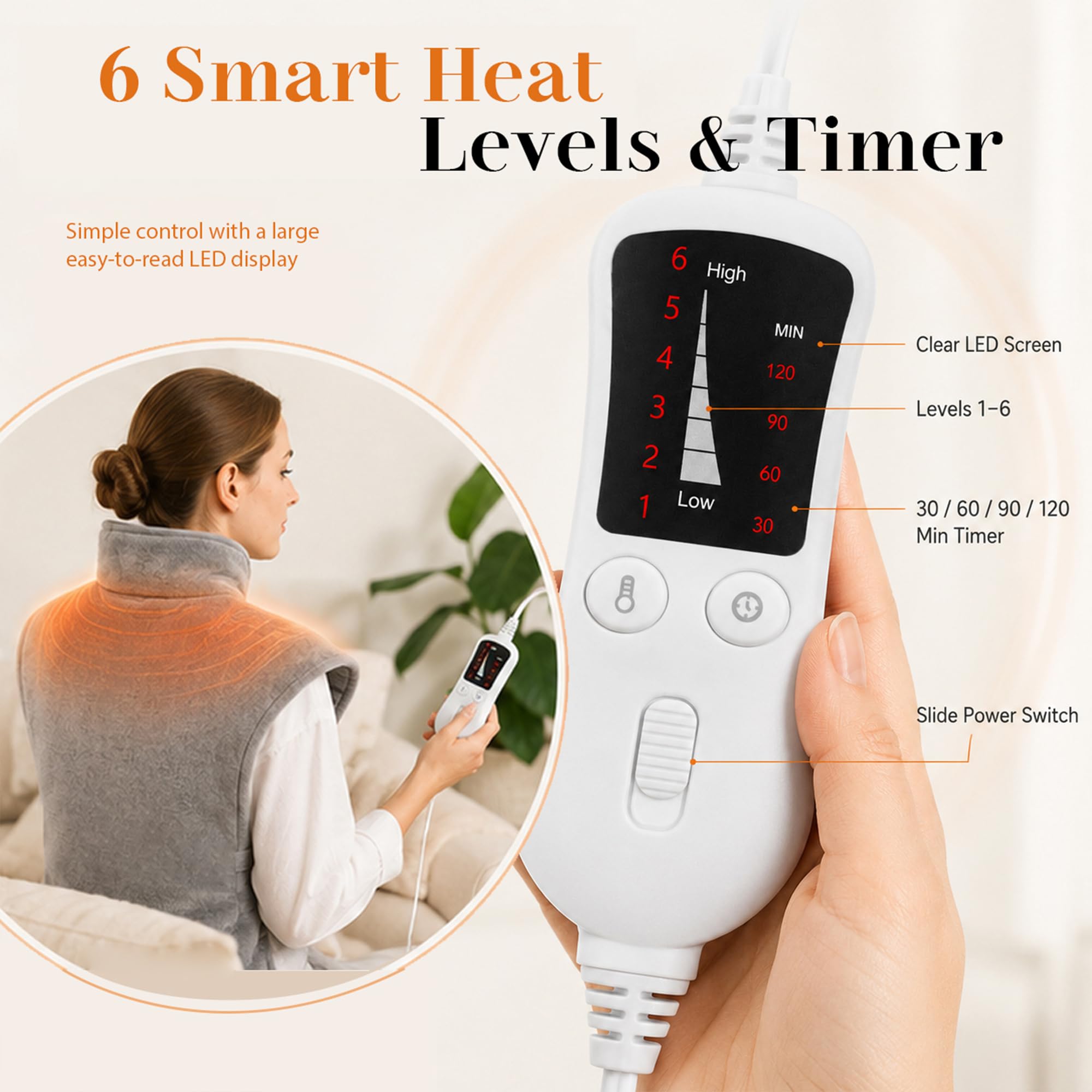 Termoforo Elettrico Cervicale e Spalle 60x90cm, 6 livelli di Riscaldamento, 4 Timer,Riscaldamento Rapido,per Cervicale e Schiena,Flanella, Lavabile in Lavatrice
