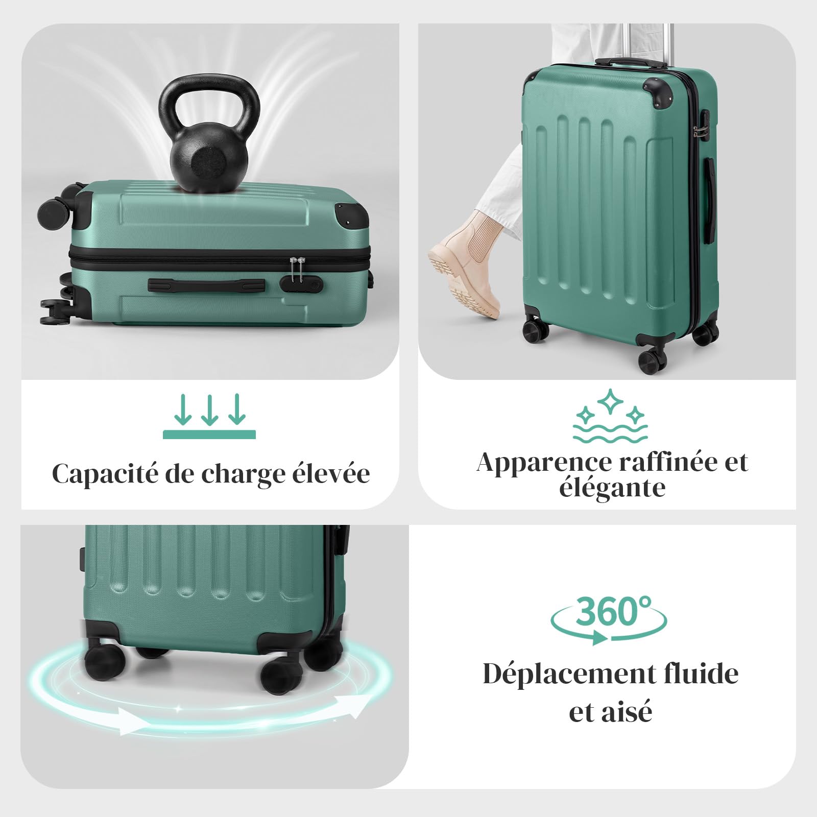LEADZM Set de 5 Valises avec Vanity Case, Valise Cabine & Grande Taille avec Renforts d'angle, Valise Soute Ridide en ABS, Bagages Cabine (Turquoise)