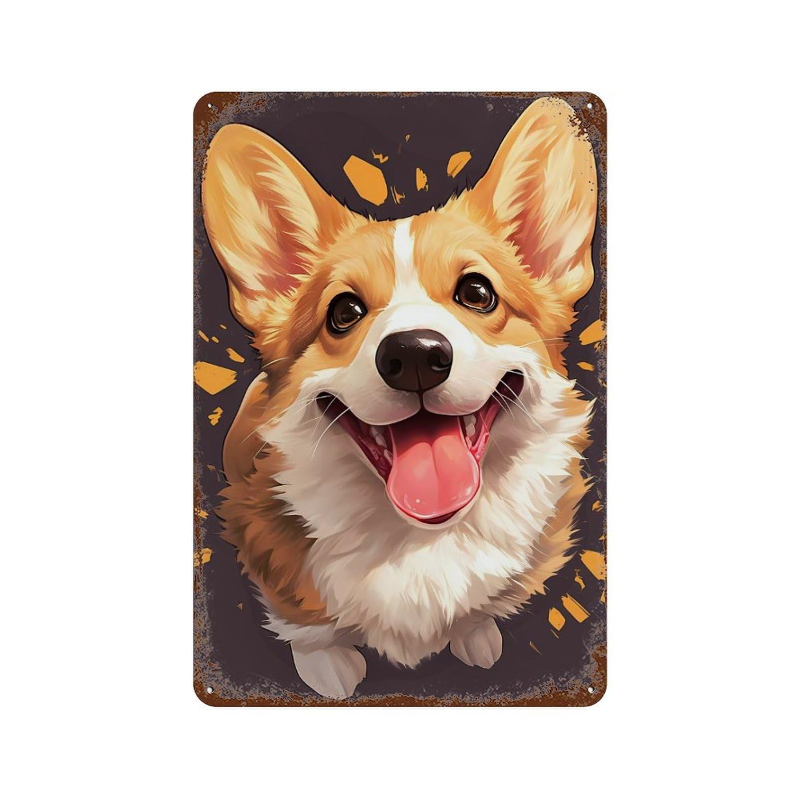 Happy Corgi Portrait Vintage Rust Metal Sign 11.8"x7.9", for Patio, Garden Room And Bar Decor, Novelty Wall Decor