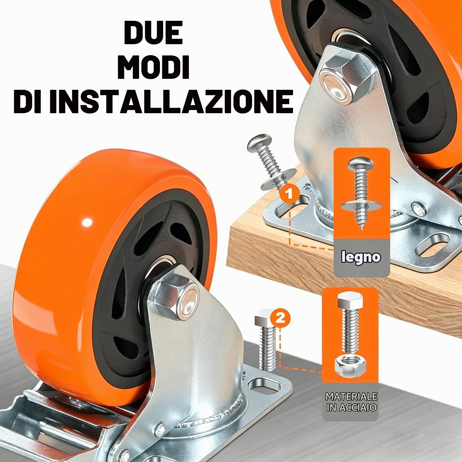 Ruote Per Carrello Pesanti con Freno 125MM, Set di 4 PU Rotelle per Mobili Ruote Girevoli a 360 Gradi, Doppio Cuscinetto Rotelle Pivotanti Capacità 800kg per Tavolo, Armadio(con Viti)