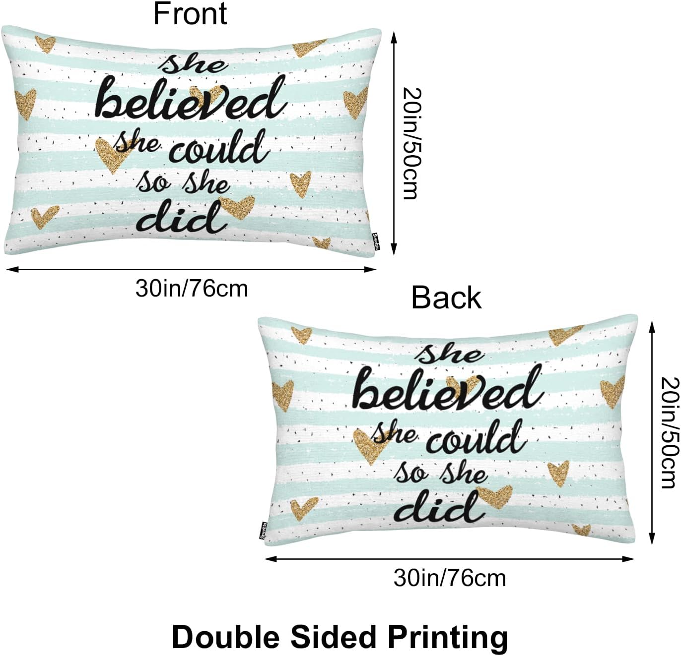 Inspirational Quote Pillow Protector, Decor Throw Pillows for Bedroom She Believed She Could Stripe Heart Gold Pillowcases Cushion Cover for Sofa Couch Home Kitchen 20x30 Inches image 2