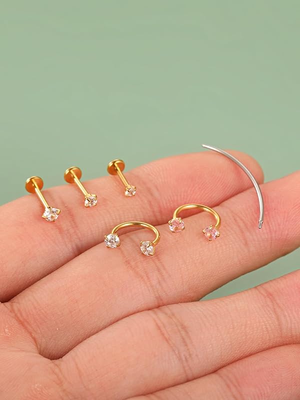 Oveta 18G Gold Flat Back Studs Earrings for Tragus Cartilage Piercing Jewelry, Surgical Steel Horseshoe Nose Rings 7/8mm by Oveta - Used condition - Image 11