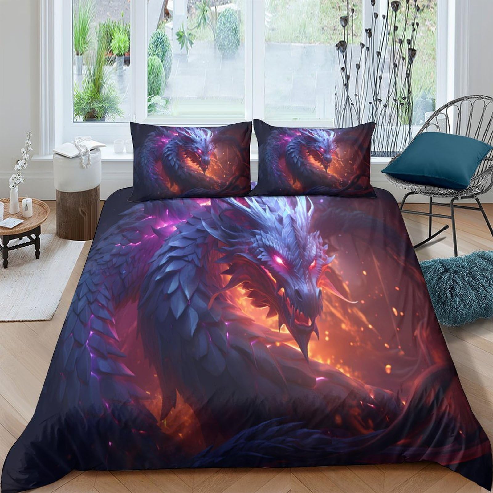 GPLZQXKJNH 3D Printed Fiery Dragon Duvet Cover Microfiber Soft Breathable Mystic Night Bedding Set with 2 Pillowcases for Bedroom Decor Single（135x200cm）
