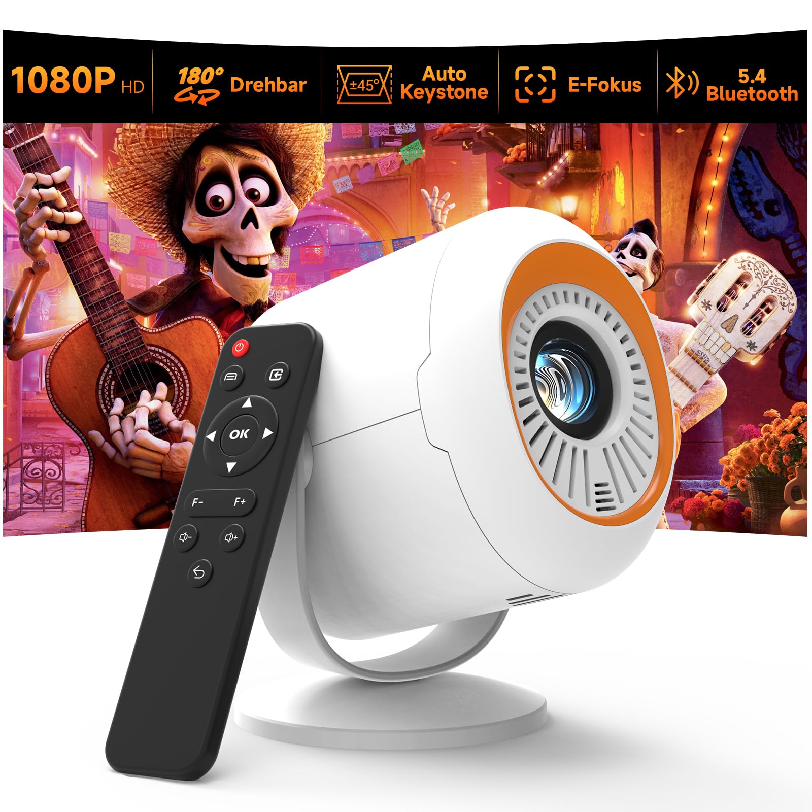 Proiettore con WiFi 6 e Bluetooth 5.4 Mini Proiettore Portatile Correzione trapezoidale automatica e Fuoco Elettrica 180° Rotation, 20.000 lumen, 1080P compatibile 4K, per Home Cinema/Outdoor/PS5