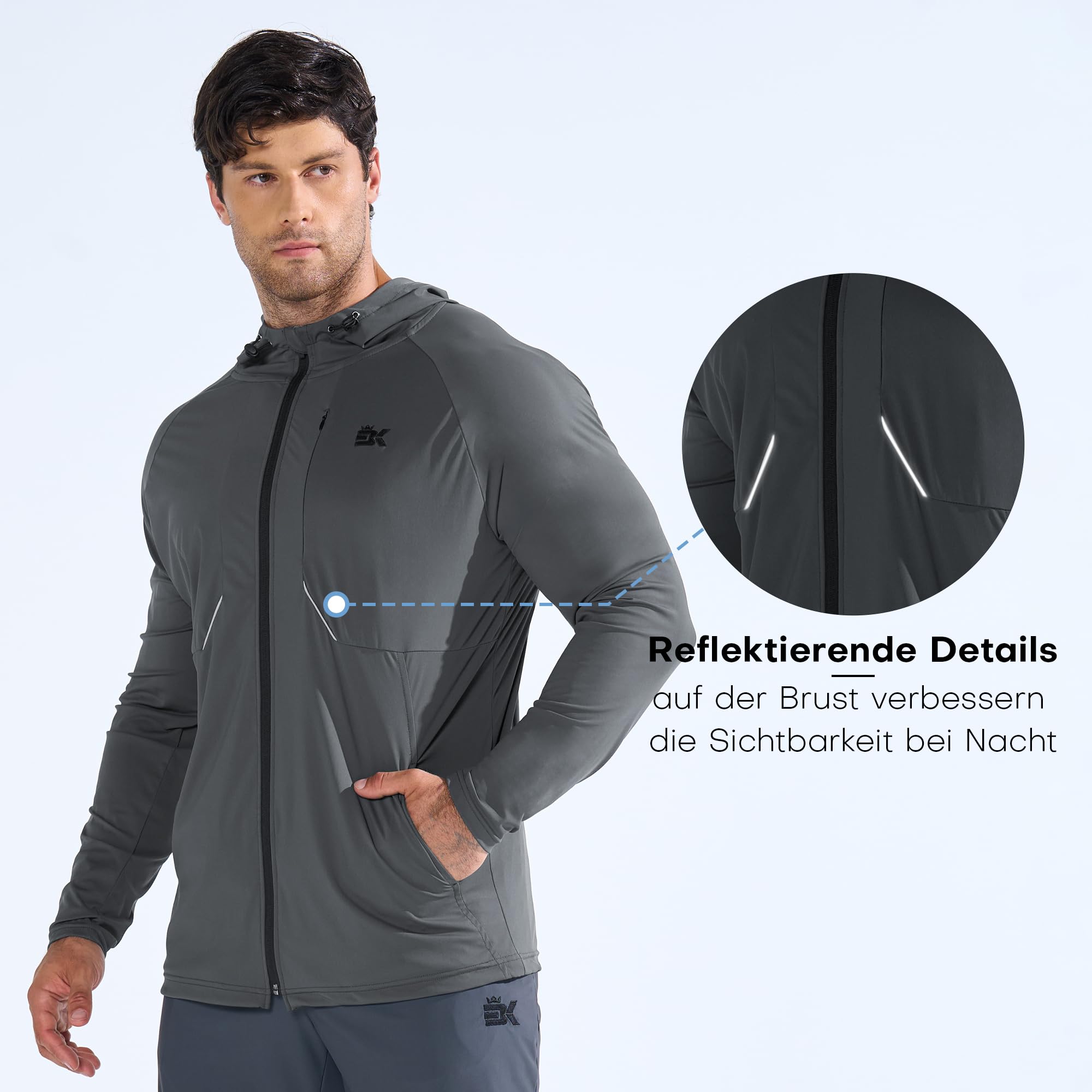 BROKIG Leichte Laufjacke Herren, Schnelltrocknende Trainingsjacke Atmungsaktives Hoodie Brusttasche mit Reißverschluss