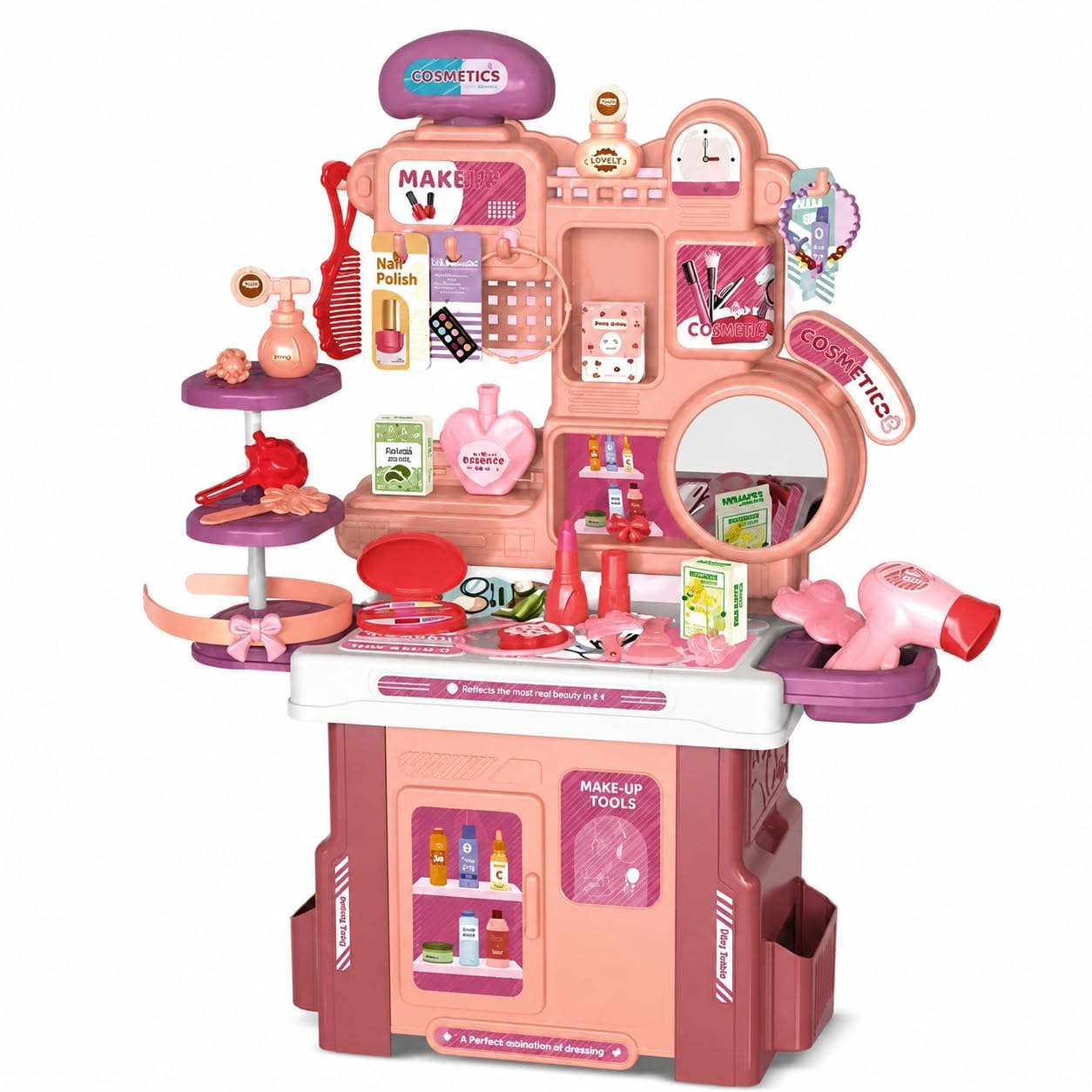 Kids Pretend Play Makeup Vanity Set with Mirror, Hair Dryer, Beauty Accessories & Storage Cabinet, Dressing Table Toy for Girls 3+-image-15
