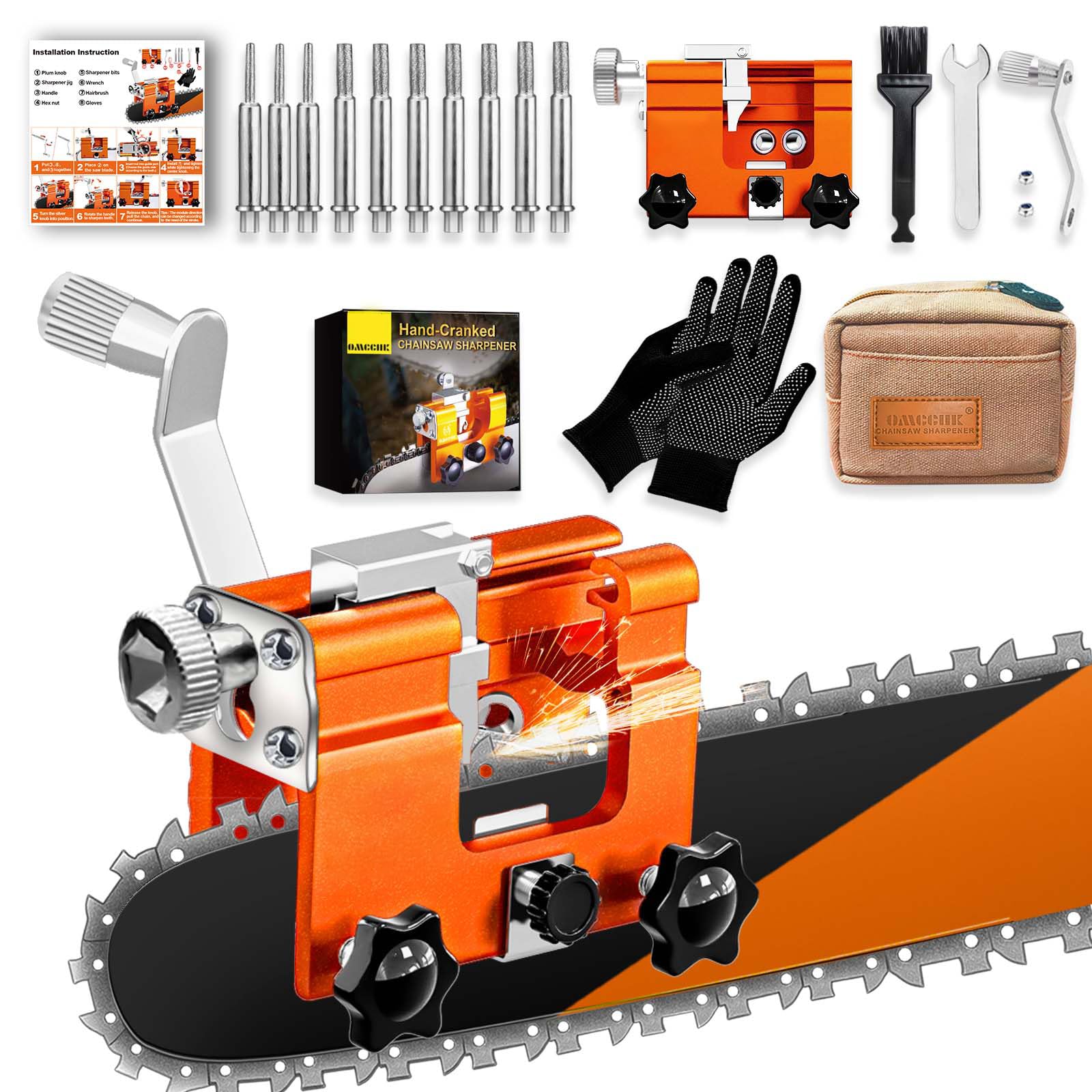 Chainsaw Sharpener Jig, Portable Universal Chain Saw Sharpener Tool with 10PCS Burrs Carry Bag, Filador De Motosierra, Manual Hand Crank Chainsaw Blade Sharpening Attachment for 4"-22" Chain Saws