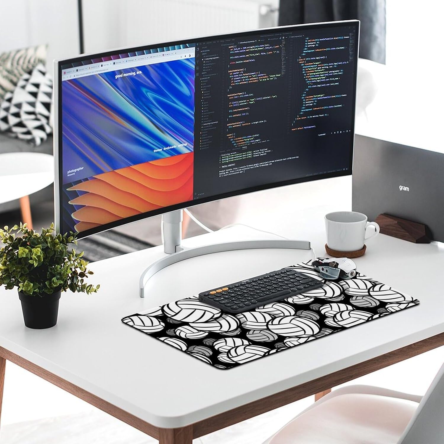 Black and White Volleyball Ball Fashionable Anti Slip Table Mat, Waterproof Mouse Protection Pad 40X75cm