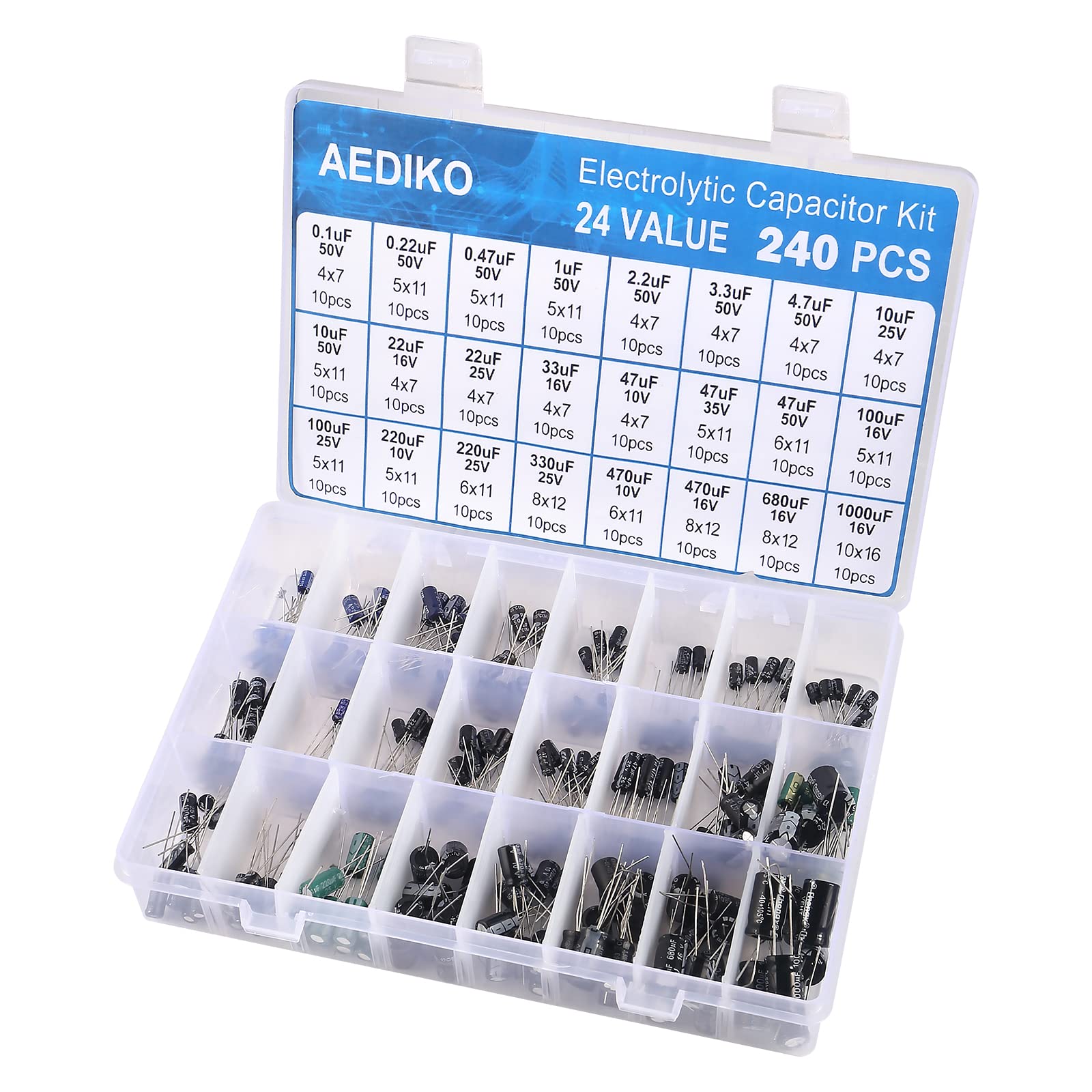 AEDIKO 240pcs Aluminum Electrolytic Capacitor Electrolytic Capacitors Kit 24Value Range 0.1uF?1000uF Capacitors Assortment Kit for TV, LCD Monitor, Radio, Stereo, Game