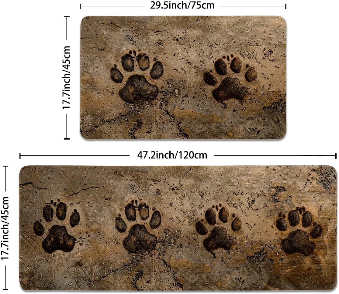 Dog Paw Kitchen Rugs Set of 2, Farmhouse Kitchen Mats with Rubber Backing Non Skid Washable, Pet Lover Gifts (17" x 29 + 17" x 47")