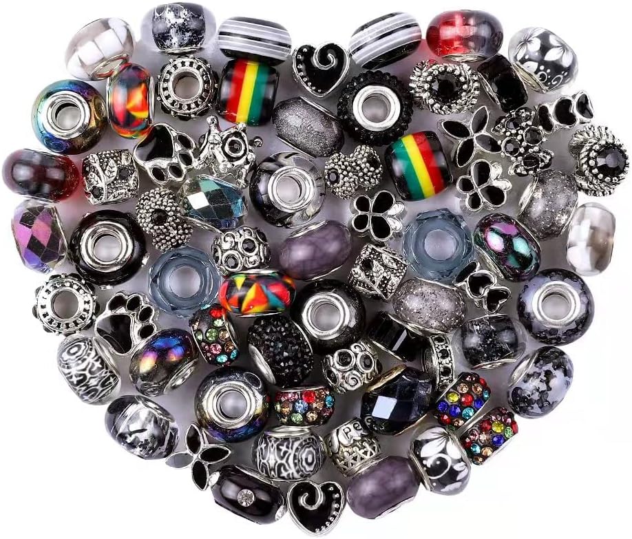 European Large Hole Beads, Colorful Glass Charm Beads Set, Assorted Patterns and Designs Rhinestone Craft Beads for DIY Bracelet Jewelry Making (60, Black Resin+Alloy)