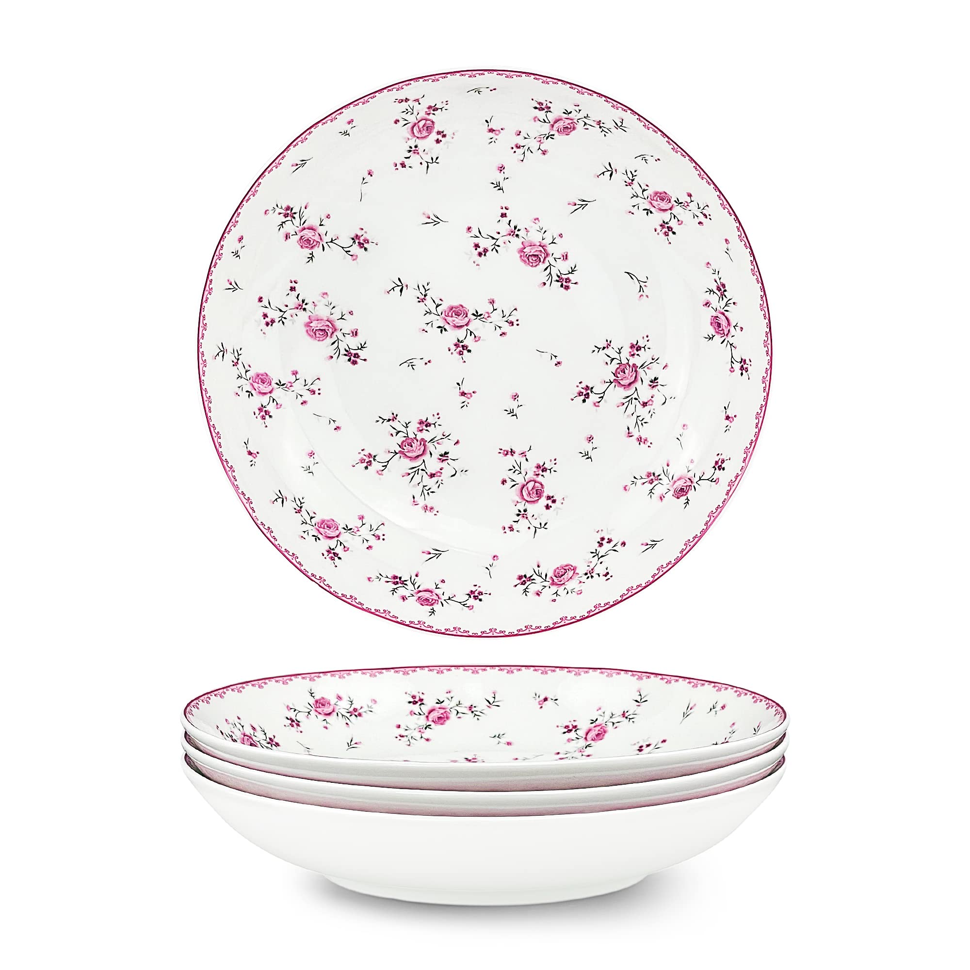 fanquare Set di 4 Piatti da Insalata Rosa in Porcellana, Insalatiere Vintage Stile Reale, Ciotole per Cereali in Ceramica