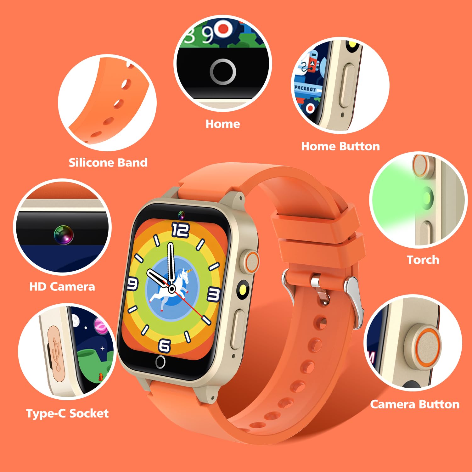 aswan watch Montre Enfant, Jouet Enfant, Montre Connectée Enfant - 26 Jeux, Caméra, Vidéo, Apprendre l'heure, Cadeau pour Fille Garçon, 04 Orange