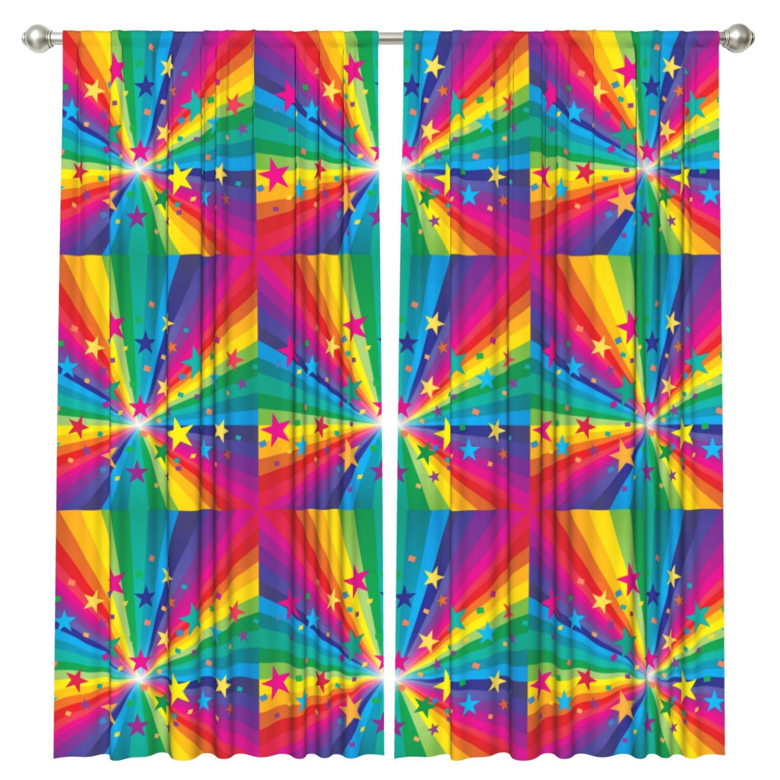 InOmak Rainbow And Stars Confetti Rays, 2 Panels Window Curtains 52 x 84 Inch Blackout Curtains for Living Room Bedroom