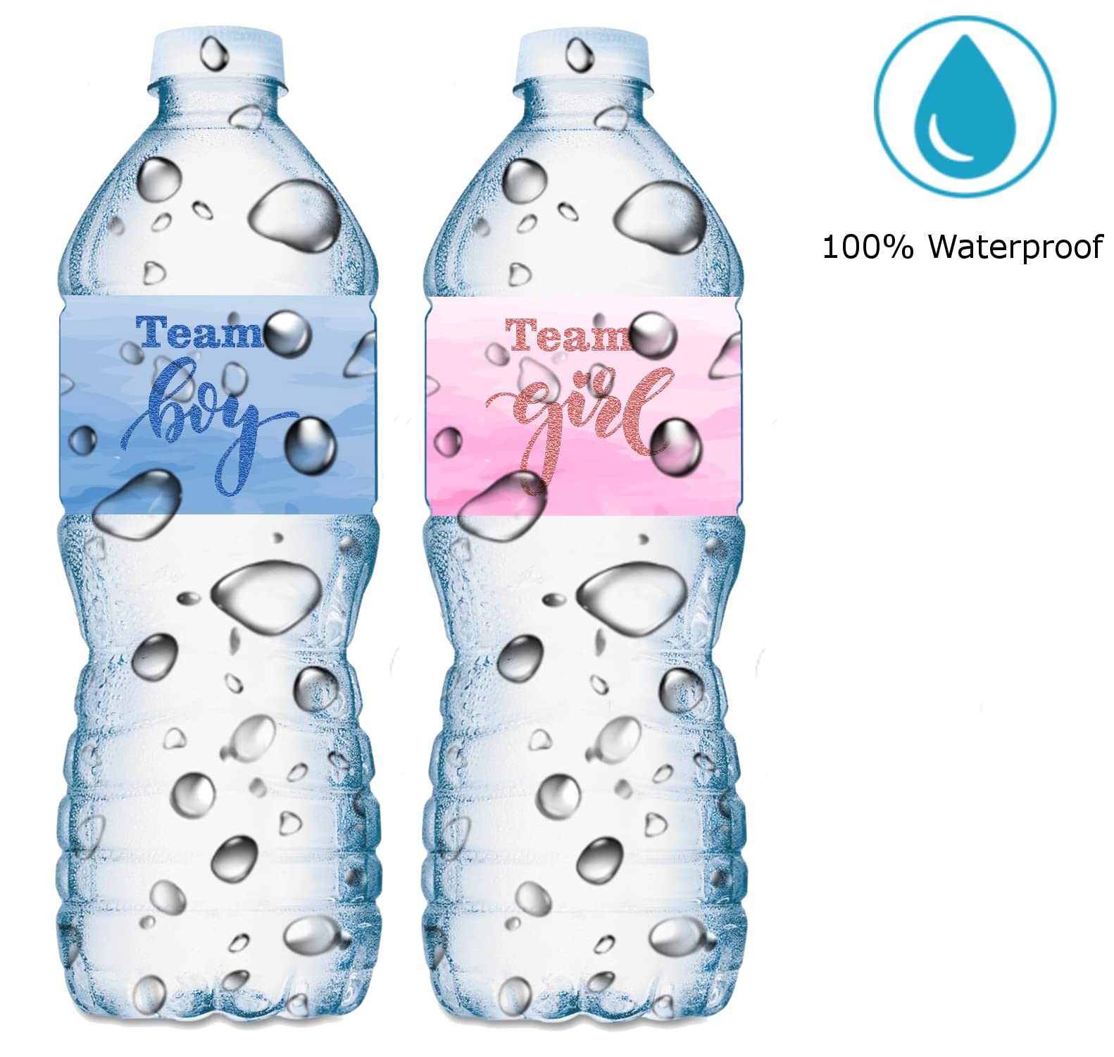 20 Team Girl Team Boy Gender Reveal Party Water Bottle Labels; Baby Shower or Sprinkle Event Waterproof Glossy Water Bottle Wrappers; Stickers Labels Tabletop Decorations. Made in USA